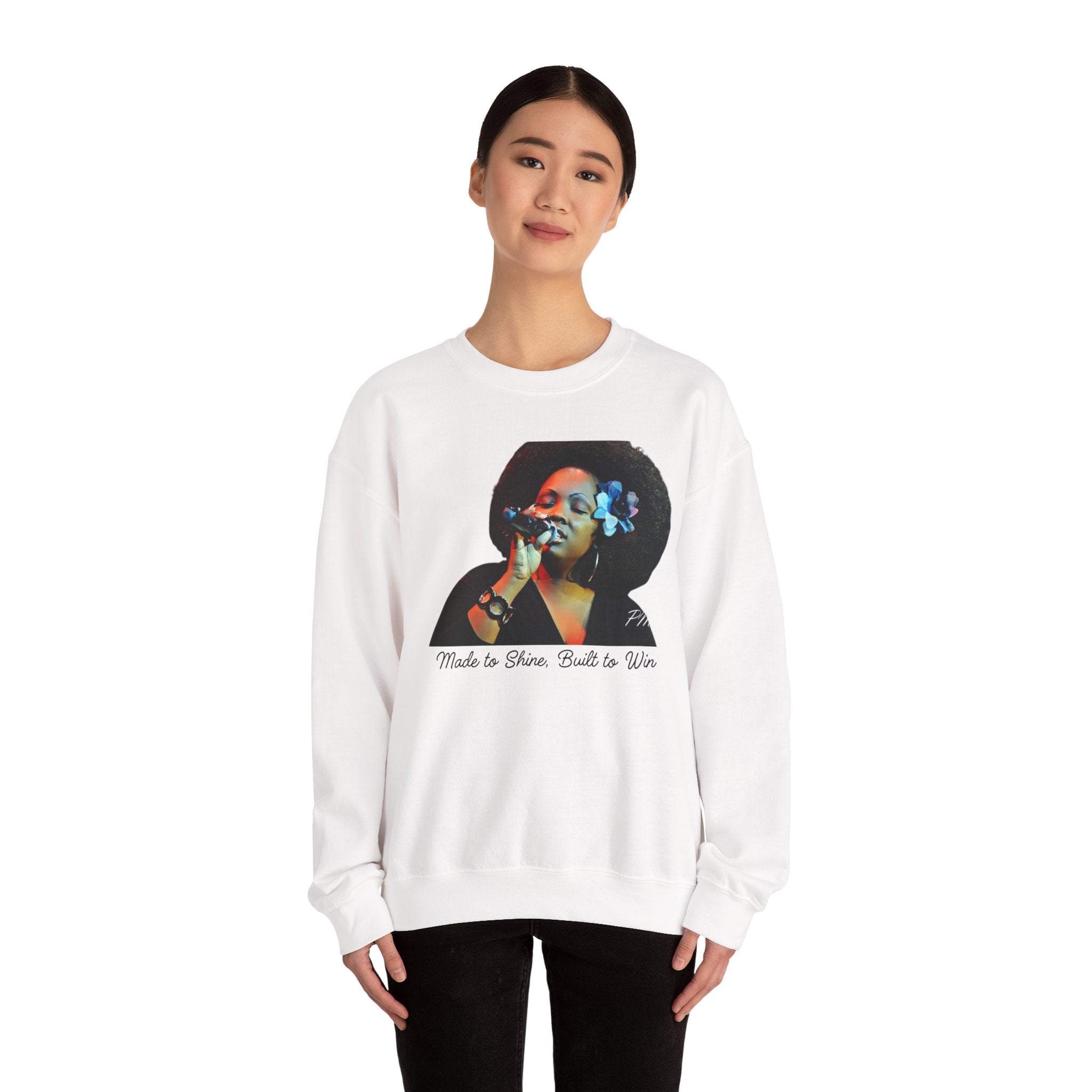 Inspirational Crewneck Sweatshirt – 'Made to Shine, Built to Win' Motivational Fleece Pullover